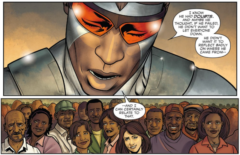 Sam delivering the eulogy for Rhodey in Captain America: Sam Wilson #10. Art by Angel Unzueta, Cris Peter, Joe Caramagna